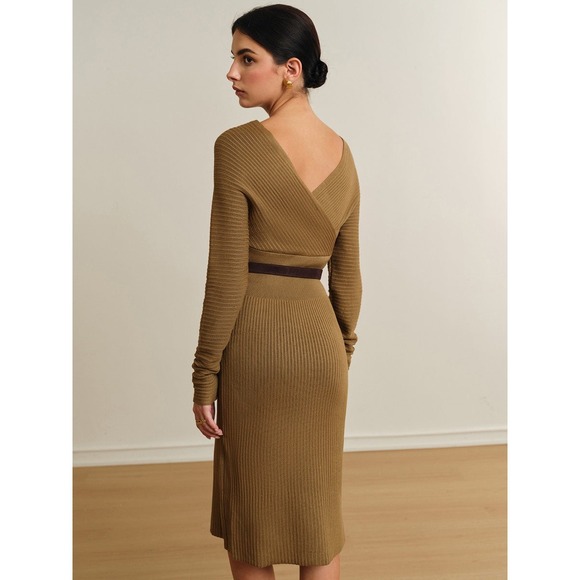 Commense Ribbed Knit Midi Dress Long Sleeve V Neck Olive Career Casual‎ size XS - Picture 9 of 14
